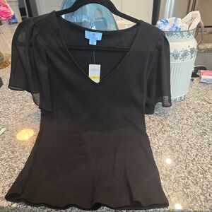 CeCe Black Sheer Sleeve V-Neck Blouse